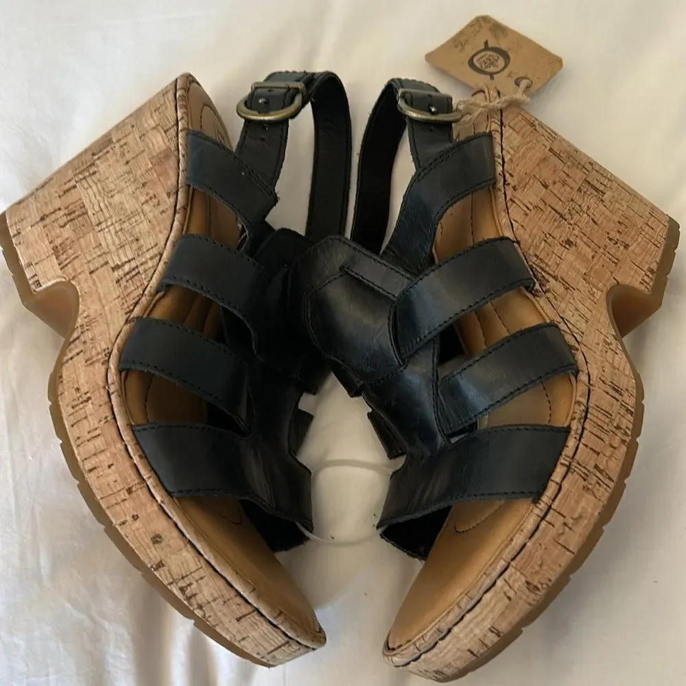 BORN Ankle Strap Sandals Wedge Cork Heels, Black, Size 10,NWT no box